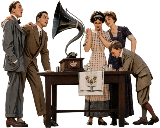 A family gathering around a phonograph, listening to cylinder records.